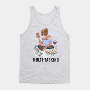 Multitasking girl with wine, books, cell phone and her cat! Tank Top